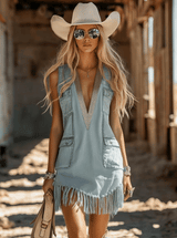 【24-hour shipping out】Casual Sophisticated Western Silver V-neck Ribbon Tassel Light Blue Denim Mini Dress