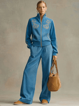 Sporty Retro Embroidered Blue Corduroy Zipper Sweatshirt And Wide-Leg Pants Set
