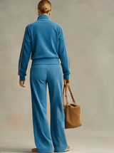 Sporty Retro Embroidered Blue Corduroy Zipper Sweatshirt And Wide-Leg Pants Set