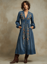 Western Retro Long-Sleeved Floral Embroidered Blue Denim Cardigan Midi Dress