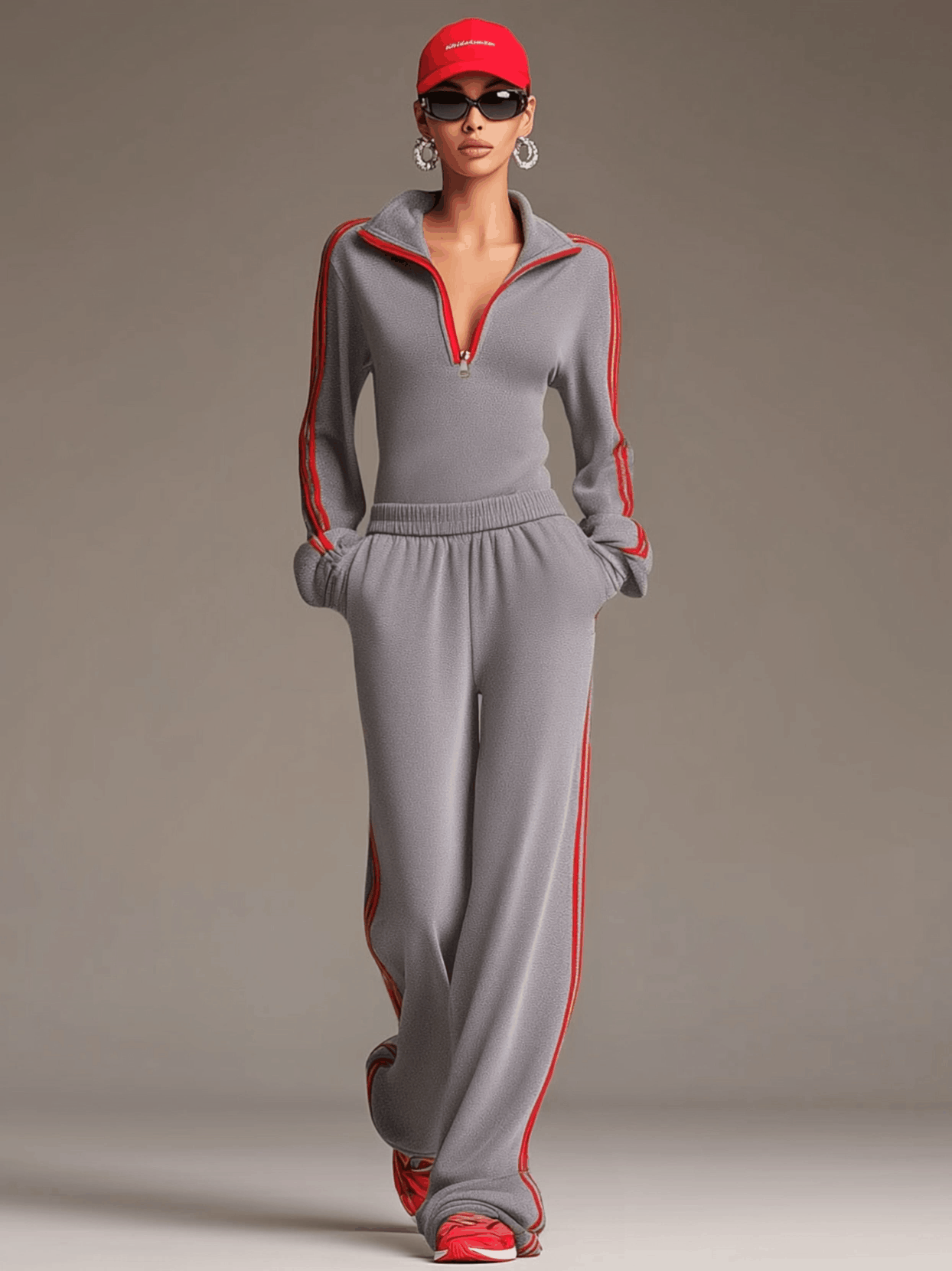 Casual Sporty Retro Red Ribbon Half-Zip Sweatshirt And Wide-Leg Pants Set
