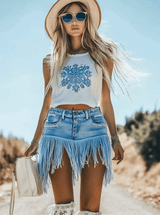 【24-hour shipping out】Vintage Washed Raw Edge Tassel Light Blue Denim Culottes