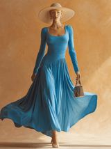 Retro Casual Blue Cotton Patchwork Chiffon Maxi Dress