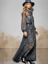 Fashionable Retro Long-sleeved Leopard Print Dark Blue Chiffon Maxi Dress