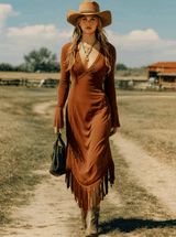 Western Retro Brick Red Cotton Long Sleeve Tassel Maxi Dress