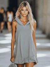 【24-hour shipping out】Casual Fashion Loose Grey Sleeveless Hoodie Style Mini Dress