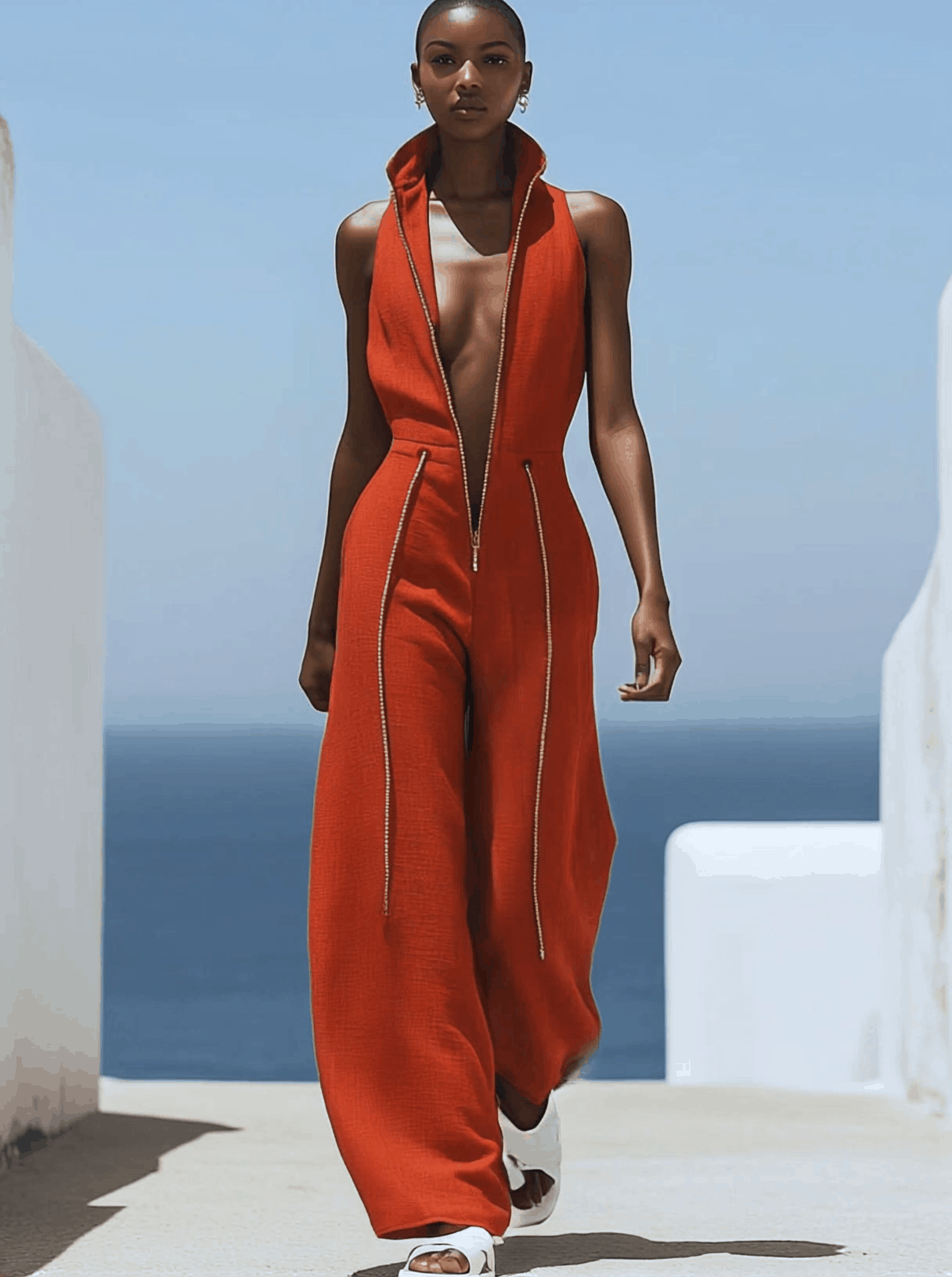 【24-hour shipping out】Casual Retro Red Cotton and Linen Zipper Sleeveless Elastic Waist Wide Leg Jumpsuit