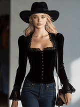 Stylish And Elegant Vintage Lace And Black Velvet Shirt