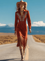 Western Retro Red Faux Suede Embroidered Long-Sleeved Tassel Midi Dress