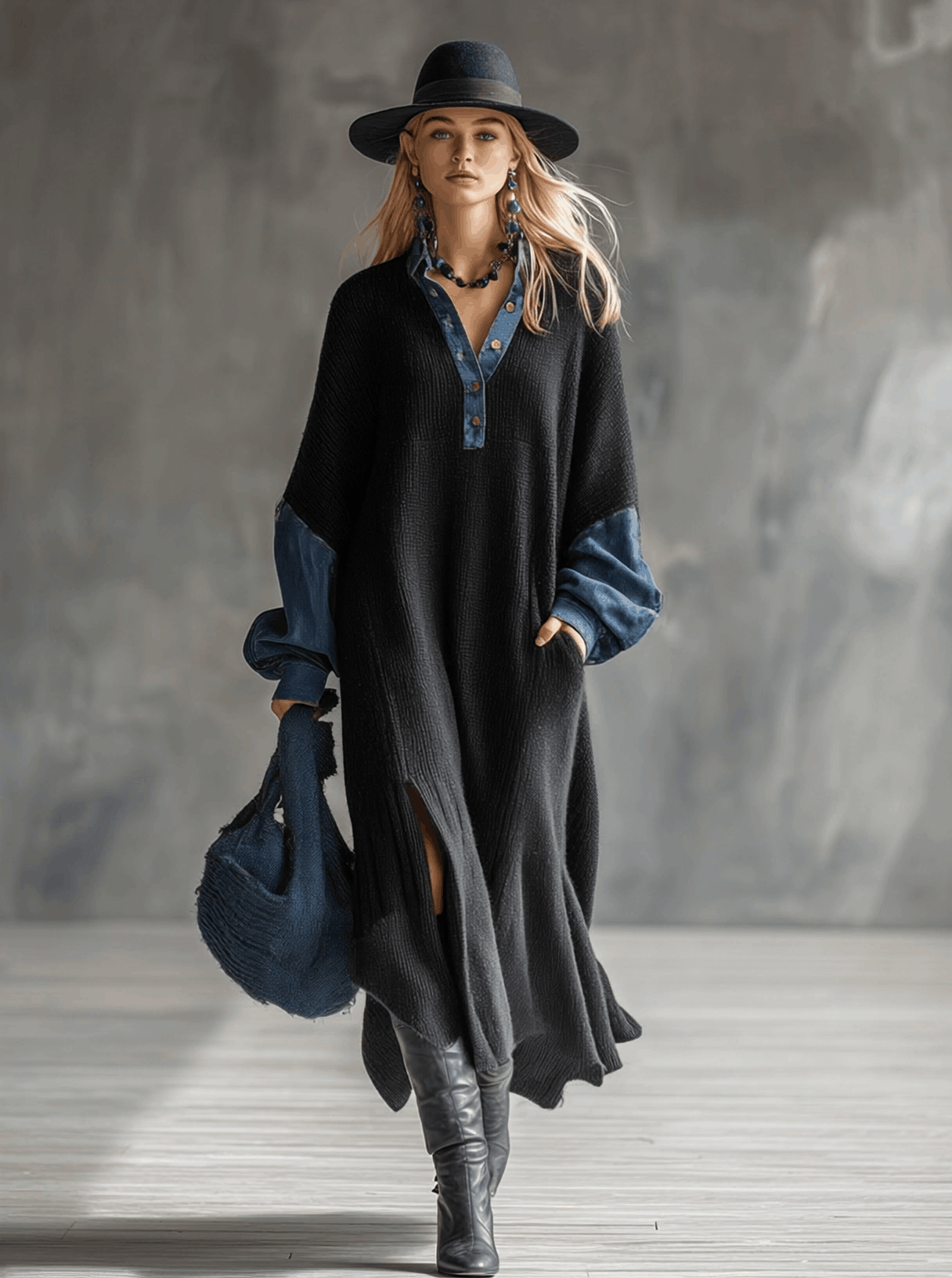 Fashionable Casual Black Knitted Denim Trim Maxi Dress