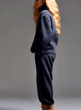 Casual Navy Blue Polar Fleece Half-zip Sweatshirt Pants Sports Set