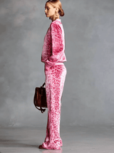 Casual Sporty Retro Pink Velvet Leopard Print Sweatshirt And Wide-Leg Pants Set