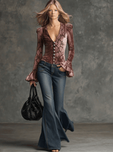 Vintage Pink Velvet Crocodile Print V-Neck Flared Long-Sleeved Shirt