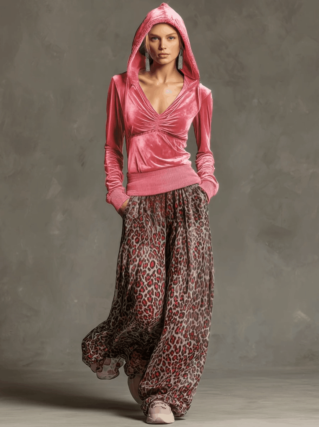 Casual Retro Pink Fleece Hooded Top And Chiffon Leopard Print Wide-leg Pants Set