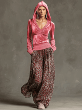 Casual Retro Pink Fleece Hooded Top And Chiffon Leopard Print Wide-leg Pants Set