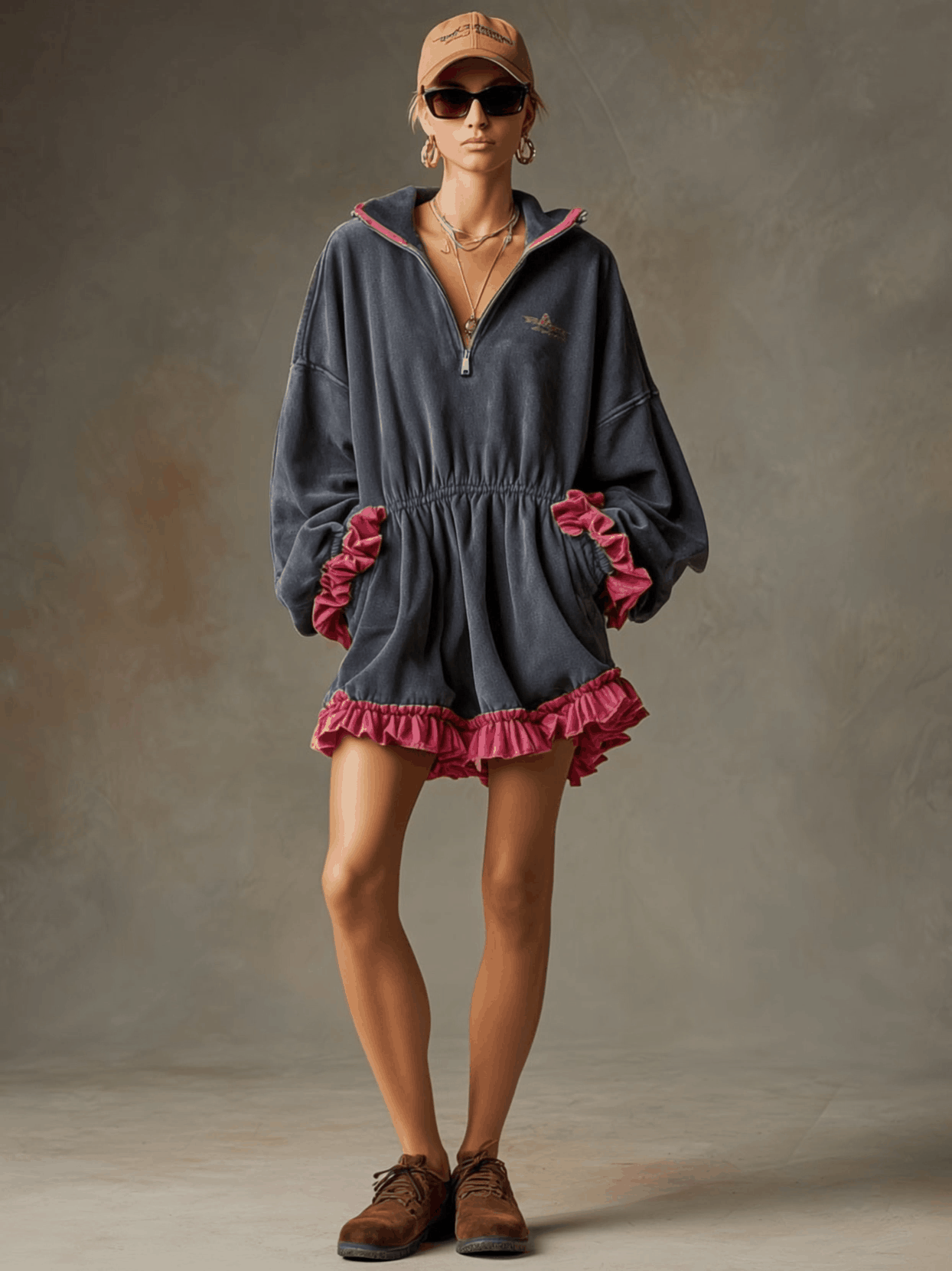 Sporty Retro Color-blocked Ruffled Blue-grey Cotton Embroidered Mini Dress