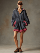 Sporty Retro Color-blocked Ruffled Blue-grey Cotton Embroidered Mini Dress