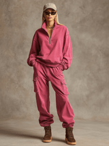 Casual Sporty Retro Rose Red Cotton Sweatshirt And Cargo Pants Set