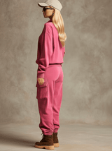 Casual Sporty Retro Rose Red Cotton Sweatshirt And Cargo Pants Set