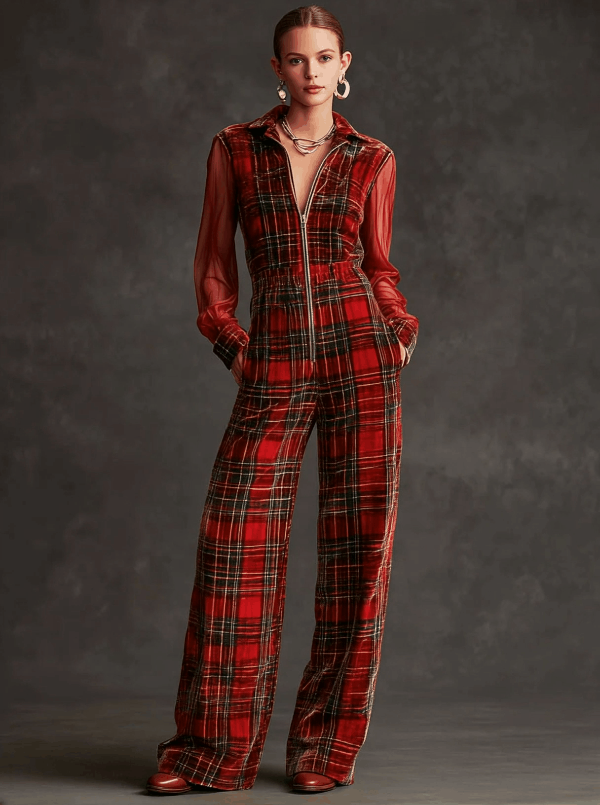 Retro Long-sleeved Mesh Red And Green Plaid Velvet Wide-leg Jumpsuit