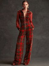 Retro Long-sleeved Mesh Red And Green Plaid Velvet Wide-leg Jumpsuit