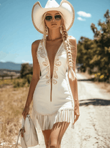 【24-hour shipping out】Retro Casual Western Zipper V-Neck Gold Embroidery Tassel White Denim Mini Dress