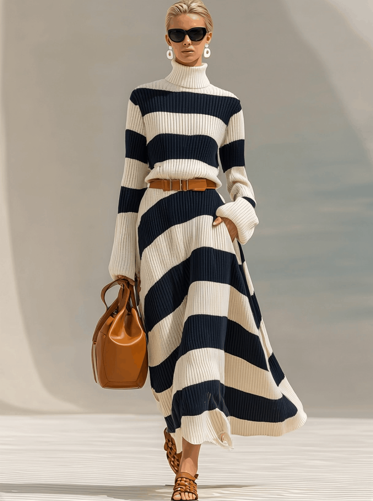 Fashionable And Elegant High Collar Navy Blue And White Contrast Striped Knitted Long Sleeve Maxi Dress