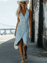 【24-hour shipping out】Casual Fashion V-Neck Front Button Tulip Shape Hem Light Blue Denim Midi Dress