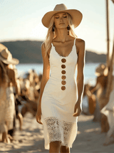 【24-hour shipping out】Classic Elegant Spaghetti Strap White Cotton Midi Dress