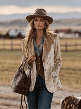 Retro Western Nomadic Style Sika Deer Pattern Camel Velvet Blazer