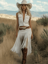 【24-hour shipping out】Retro Premium Western Style Brown Belt White Suede Tassel Skirt