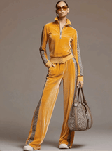 Casual Sporty Retro Leopard Print Trim Yellow Velvet Sweatshirt Wide-Leg Pants Set