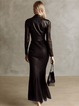 Retro High-end Brown-red Imitation Leather Stitching Lace Long-sleeved Maxi Dress