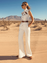 【24-hour shipping out】Retro Western Style Embroidered Stand Collar Sleeveless Wide Leg Jumpsuit