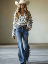 Vintage Blue Flared Fringe Jeans