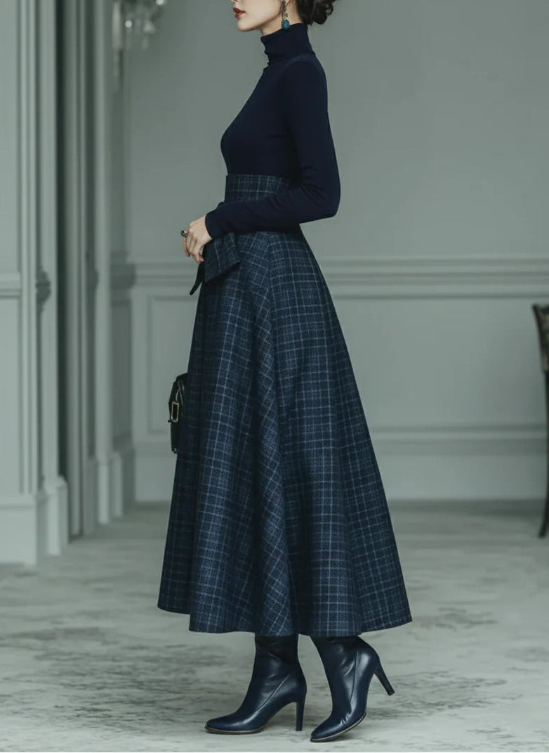 Dark blue turtleneck stretch top and plaid skirt set