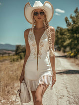 【24-hour shipping out】Retro Casual Western Zipper V-Neck Gold Embroidery Tassel White Denim Mini Dress