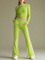 Sports Webbing Lycra Fluorescent Green T-shirt And Flared Pants Set
