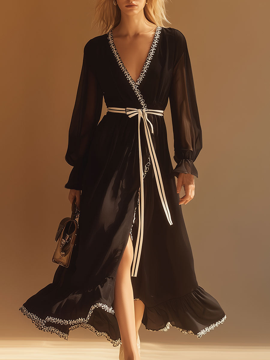 Vintage Lace-Trimmed Black Chiffon V-Neck Midi Dress