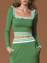 Sporty Retro Striped Square Neck Ruffled Green Cotton T-shirt And Skirt Set
