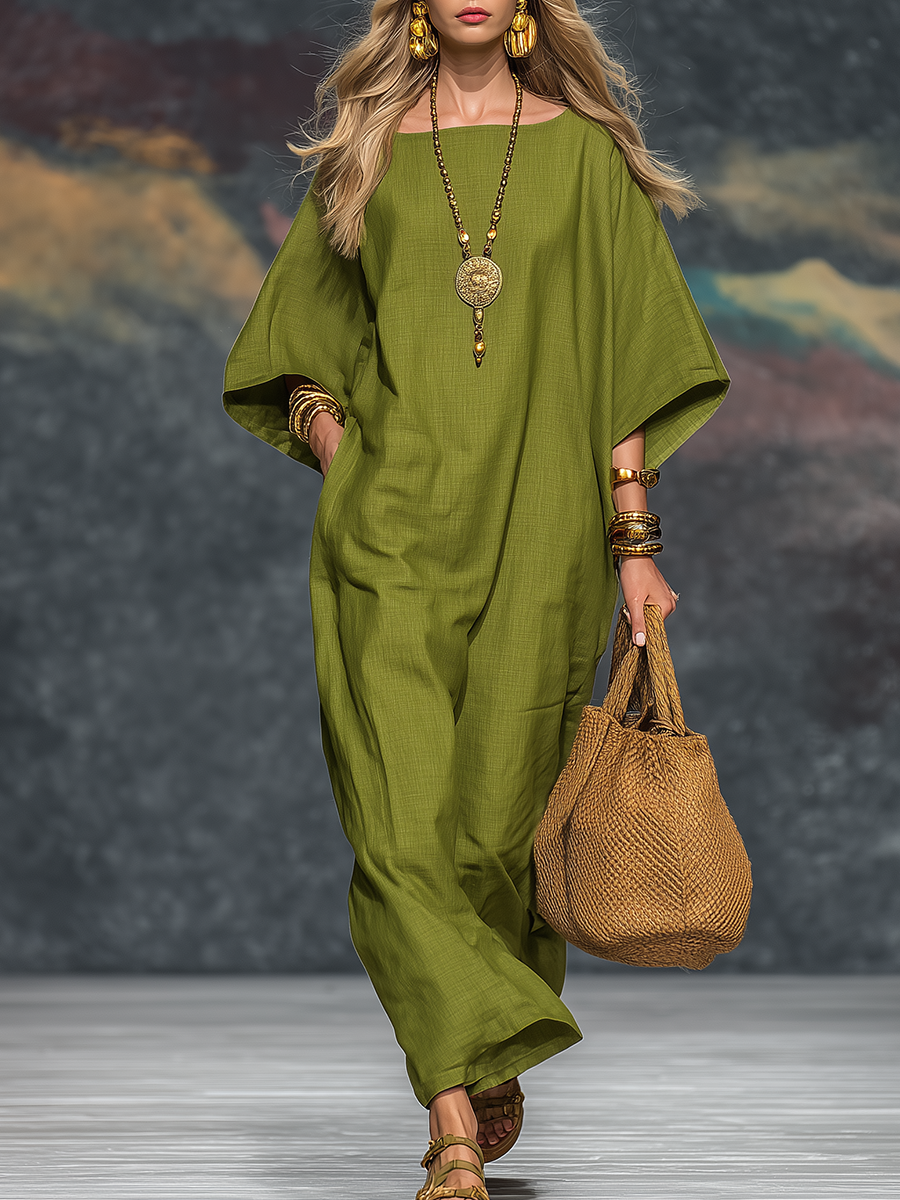 Vintage Bohemian Batwing Sleeve Cotton And Linen Midi Dress