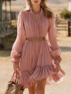 Stylish Pink Chiffon PleatedWith Ruffled Trim Midi Dress