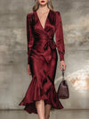 Elegant Angora Red V-neck Midi Dress With Bow Tie Detail
