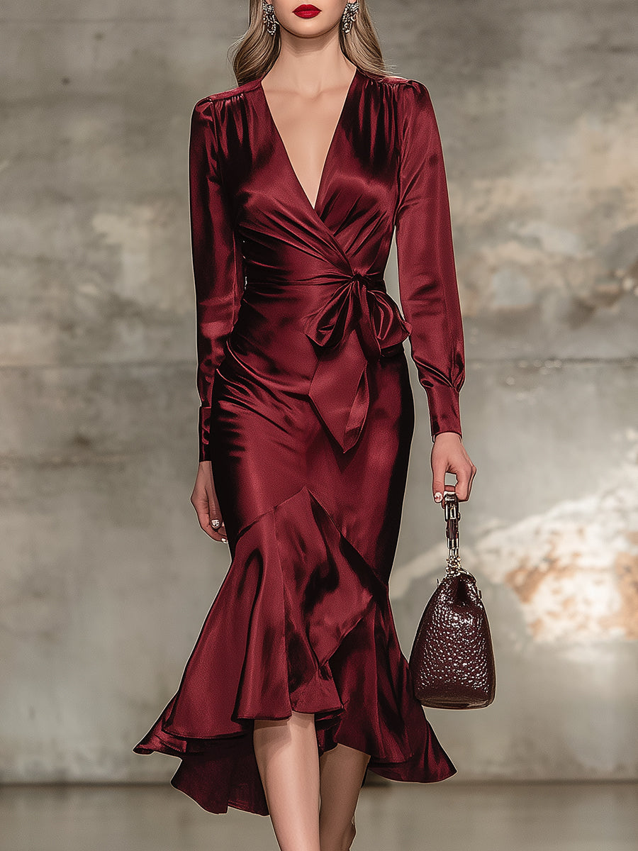 Elegant Angora Red V-neck Midi Dress With Bow Tie Detail