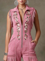 Western-style Retro Floral Embroidered Pink Faux Suede Sleeveless Tassel Jumpsuit