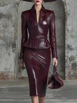 Elegant Angora Red Faux Crocodile Leather Zip-up Jacket And Skirt Set
