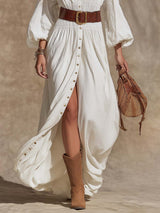 Vintage Western V-Neck Lantern Sleeve White Denim Maxi Dress