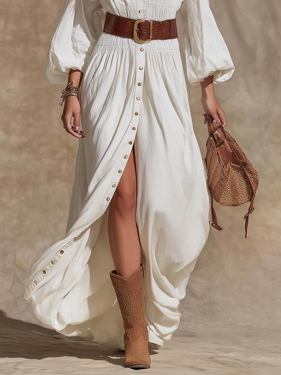 Vintage Western V-Neck Lantern Sleeve White Denim Maxi Dress