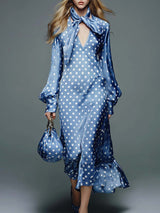 Elegant Retro Tie-up V-neck Lantern Sleeves White Polka Dot Print Blue Satin Midi Dress