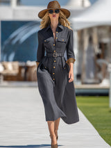 Simple Retro Leopard Print With Gold Buttons Dark Gray Midi Dress